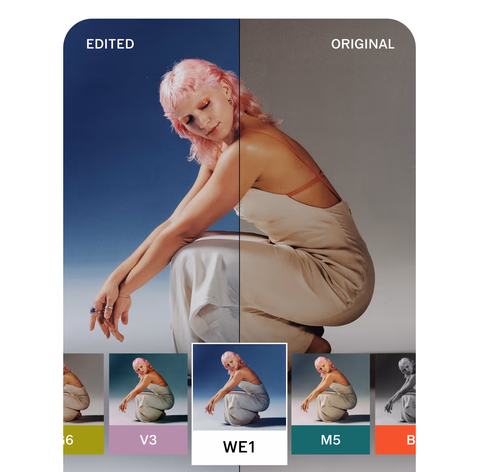 Side-by-side comparison of a woman with pink hair in a white dress, left side edited with a deep blue background and right side original with a plain gray background changed with photo editing tools