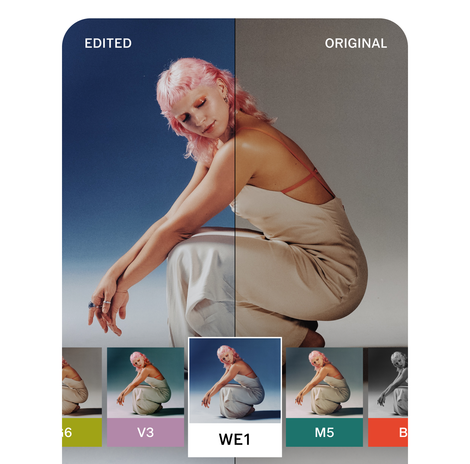 Side-by-side comparison of a woman with pink hair in a white dress, left side edited with a deep blue background and right side original with a plain gray background changed with photo editing tools