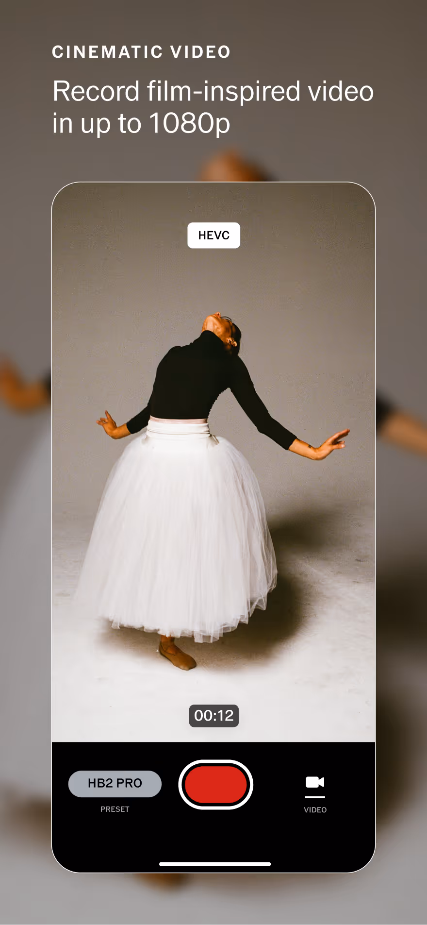 Smartphone screen showing a video recording interface capturing a dancer in a white tulle skirt and black top, with text promoting cinematic video recording up to 1080p in the VSCO Capture camera app.