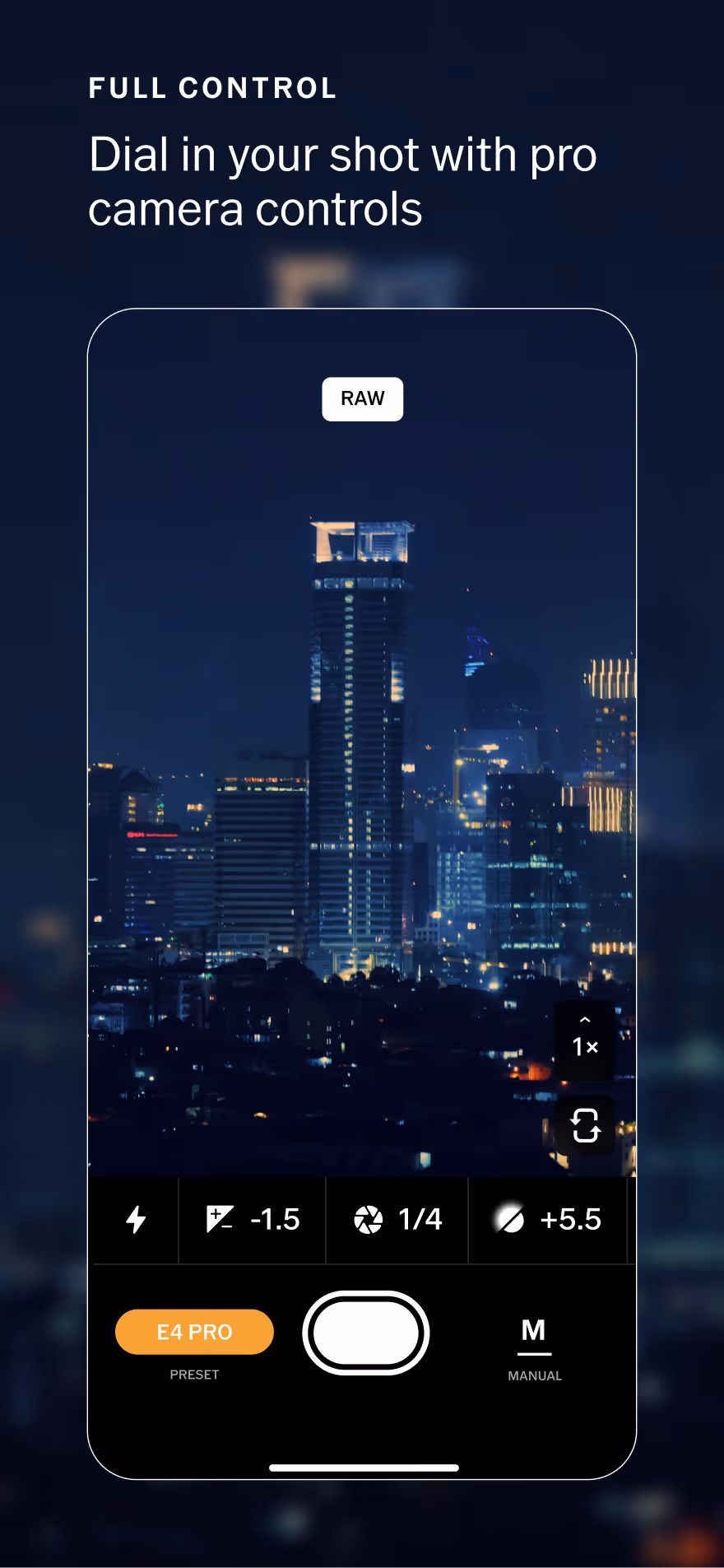 Night cityscape of illuminated buildings captured in RAW format on a smartphone screen with professional camera app controls including flash, exposure, aperture, and focus manually adjustable settings.