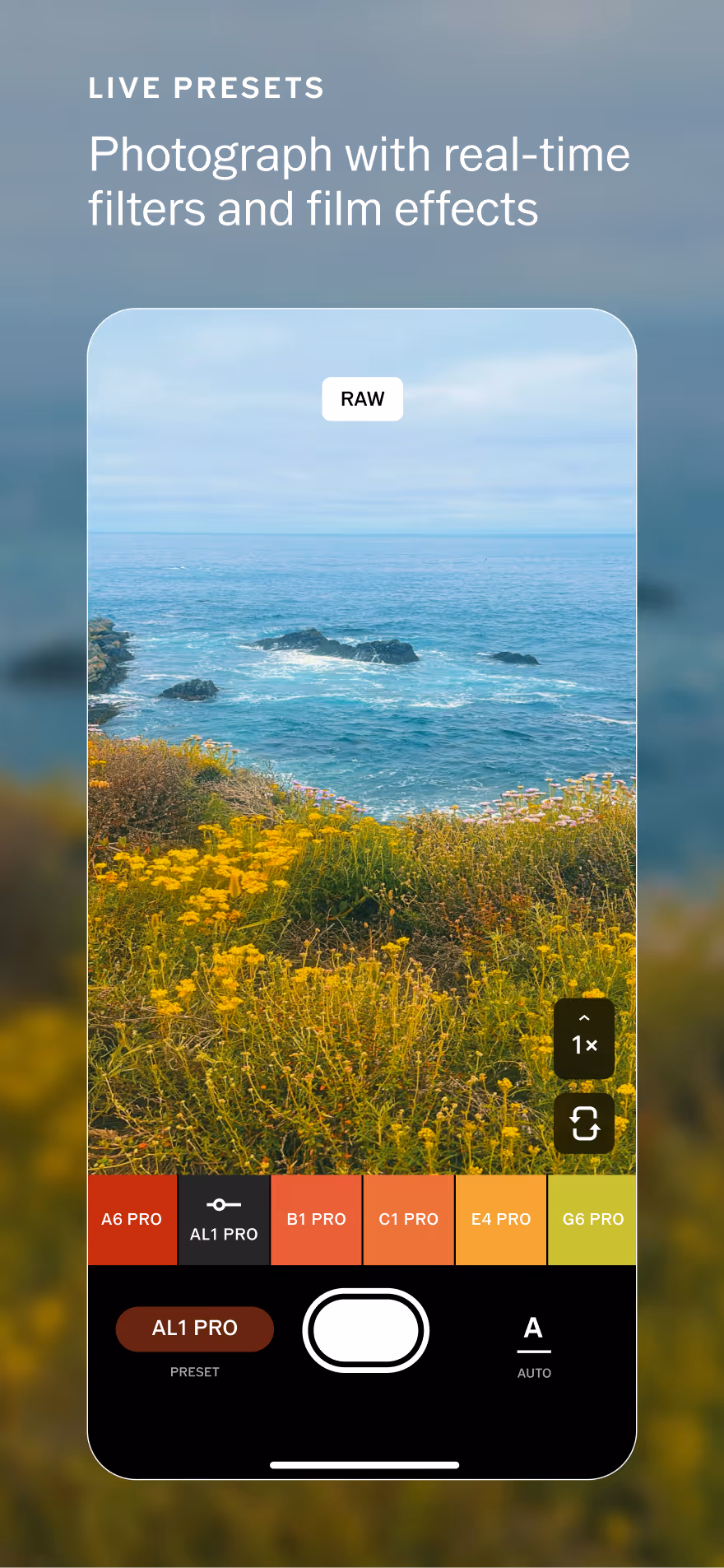 Mobile screen showing a photo of a coastal scene with yellow flowers and ocean waves using live preset filters in a camera app.