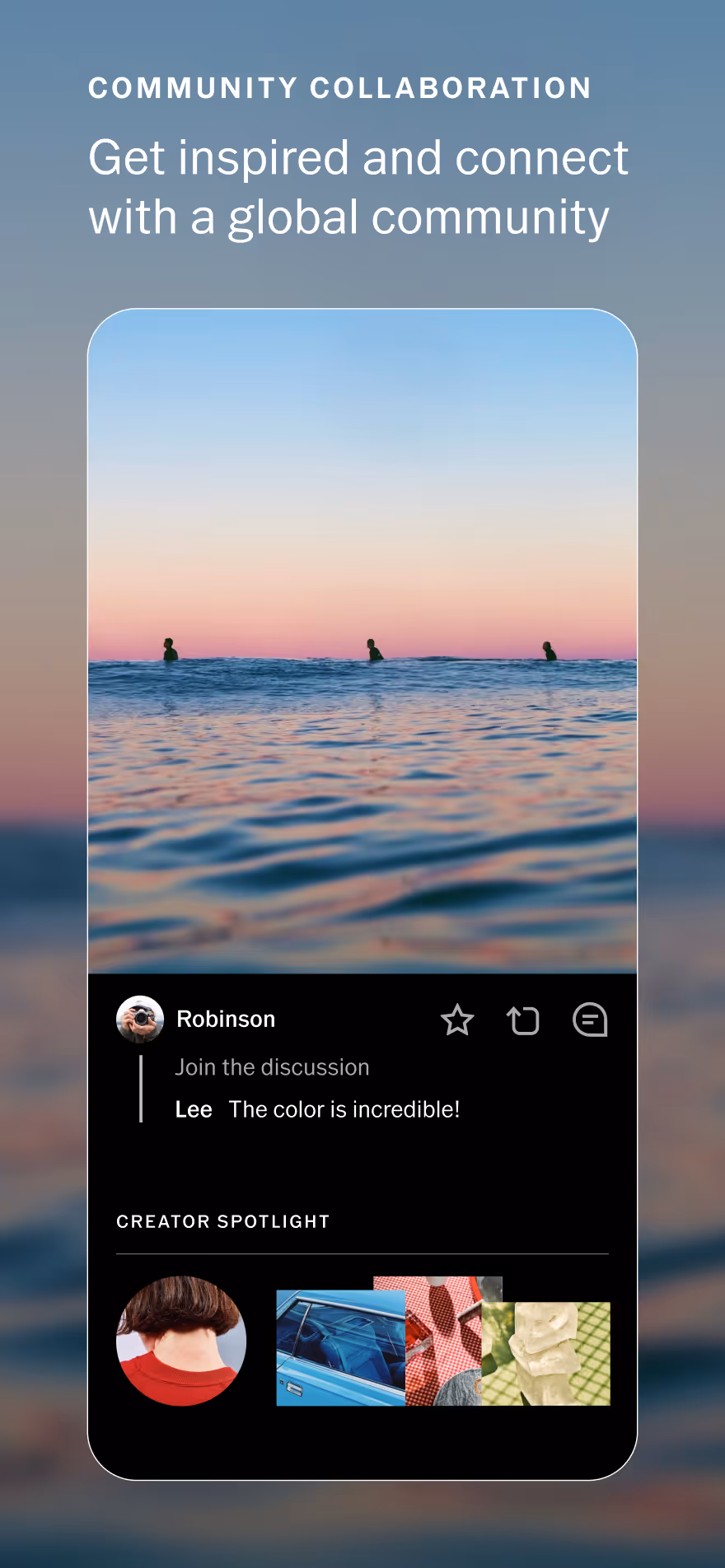 VSCO mobile app screen showing a VSCO community post with a sunset ocean photo featuring three silhouetted figures in the water, a comment praising the colors, and a creator spotlight section with four profile thumbnails.