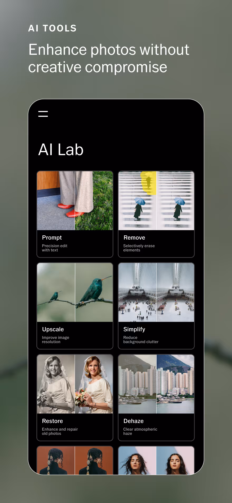 Mobile screen showing AI photo enhancement tools for precision editing, removing elements, upscaling, simplifying background, restoring old photos, and dehazing images.