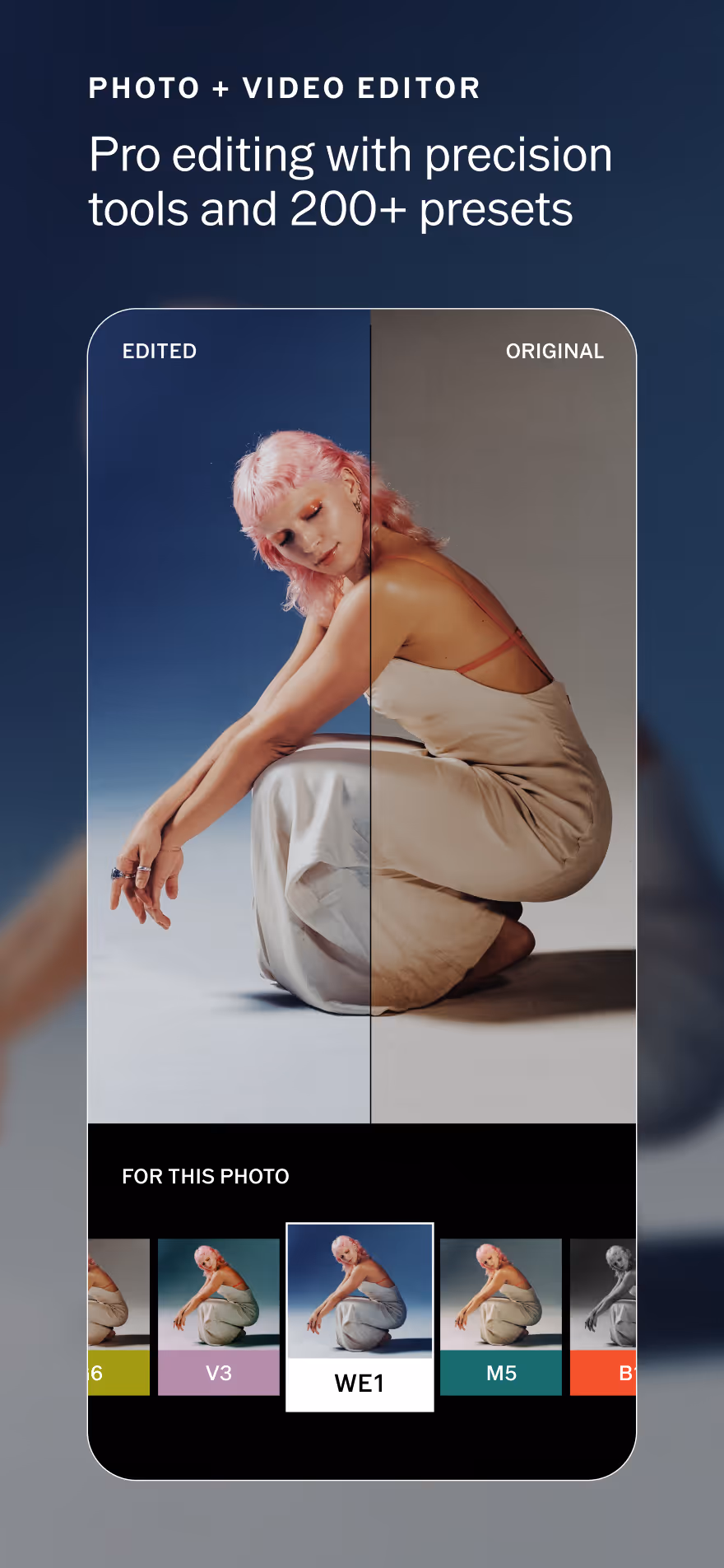 Mobile screen showing photo and video editor with side-by-side comparison of edited and original photo of a woman with pink hair wearing a beige dress, and VSCO filter presets below.
