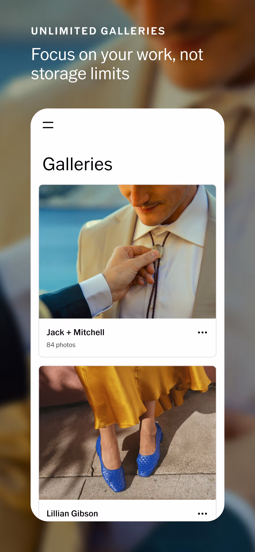Mobile screen showing client photo galleries with a man in a beige suit adjusting a necklace and a close-up of blue shoes with a yellow skirt.