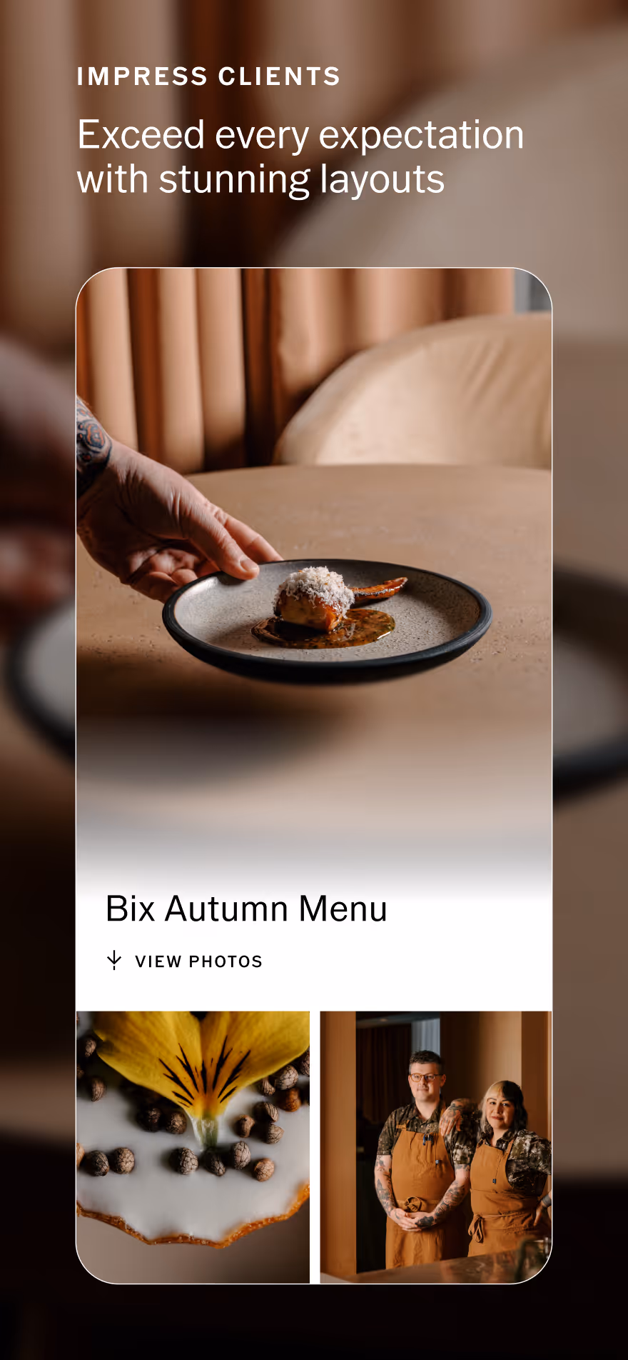 VSCO Galleries cover view of a hand presenting a gourmet dish on a plate, below is text reading 'Bix Autumn Menu' with photos of a dessert and two chefs in brown aprons.