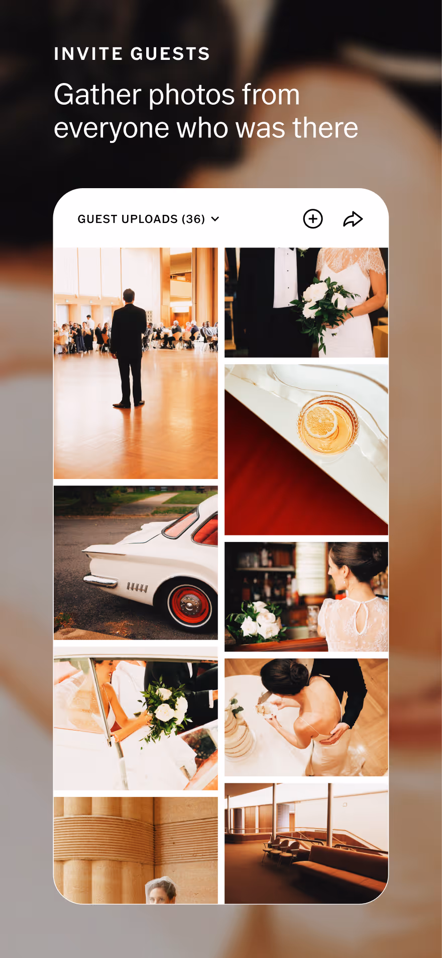 Mobile screen of a collaborative gallery of wedding photos uploaded by guests showing images of guests, a bride and groom, a vintage car, a drink with a lemon slice, a wedding cake, and floral arrangements.