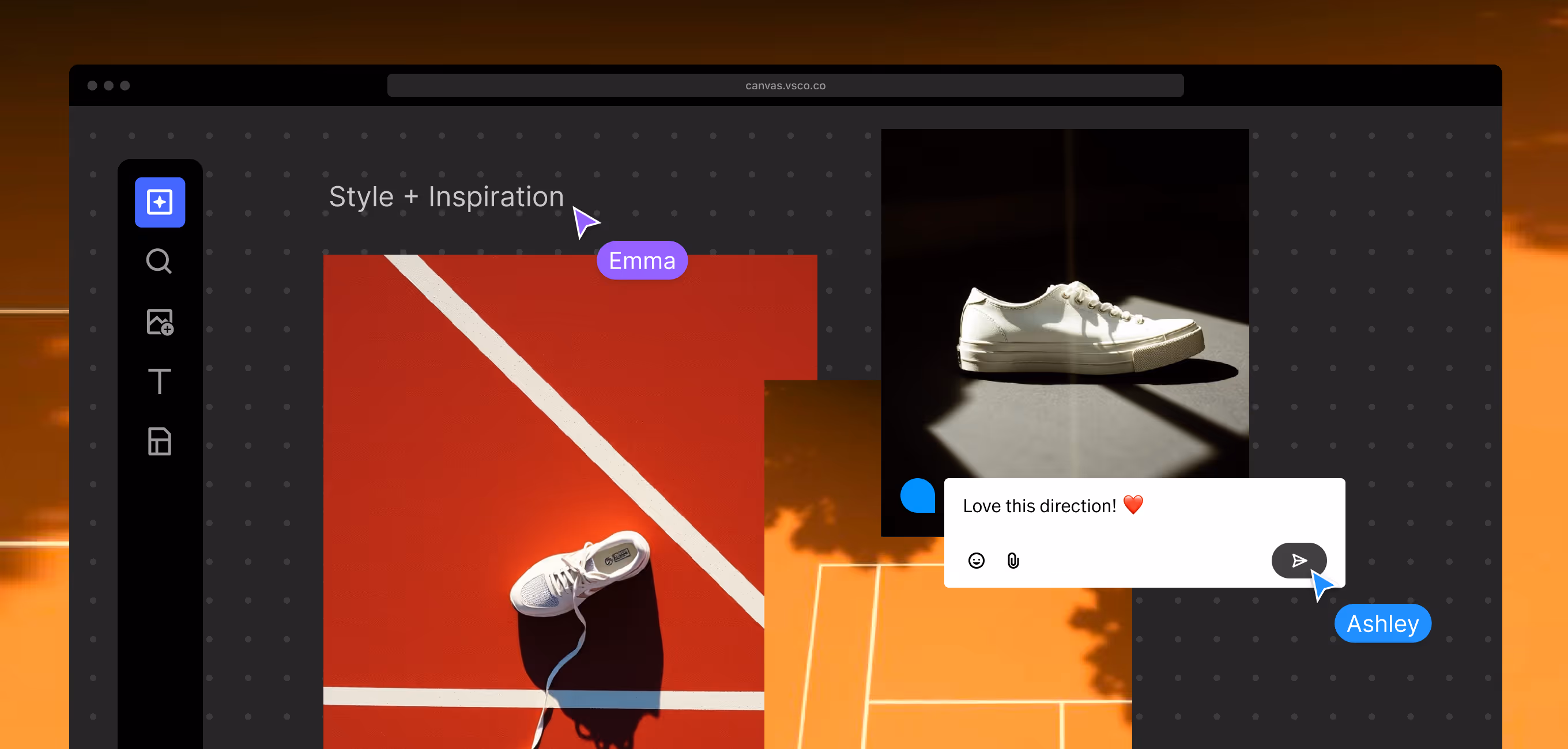 VSCO Canvas mood board showing white sneakers on a red sports court with white lines, two active cursors of collaborators, and a chat comment saying 'Love this direction!' next to another sneaker image.