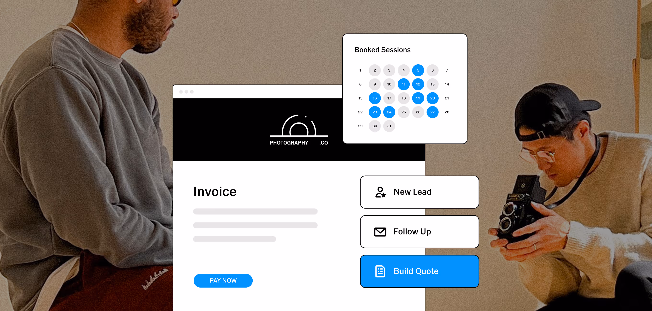 Two photographers interacting with a camera and a digital interface showing a photography invoice, booked sessions calendar, and buttons for new lead, follow up, and build quote.