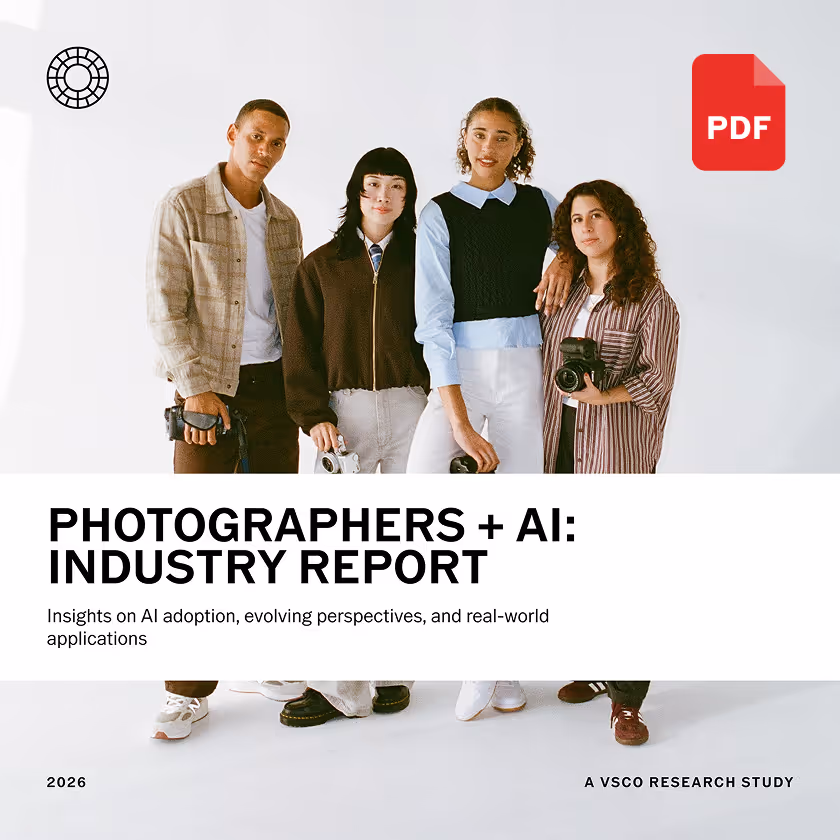Cover of a report titled 'Photographers + AI: Industry Report' featuring four photographers holding cameras, with text about AI adoption and perspectives.
