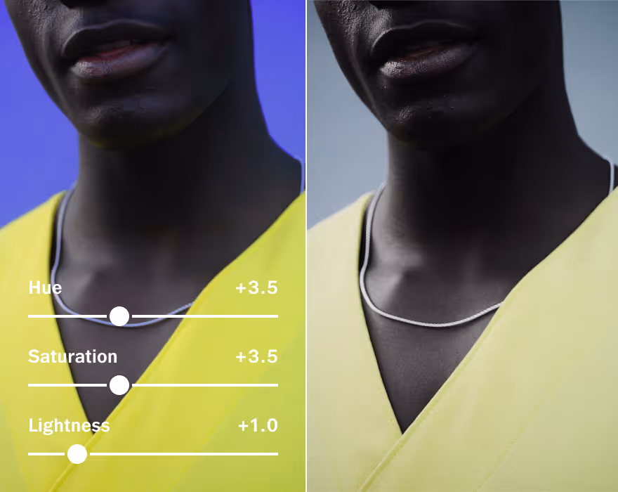 Comparação lado a lado do pescoço e da camisa amarela de uma pessoa mostrando controles deslizantes de edição de fotos para Matiz +3,5, Saturação +3,5 e Luminosidade +1,0 na imagem à esquerda com fundo roxo e a original à direita com fundo mudo.