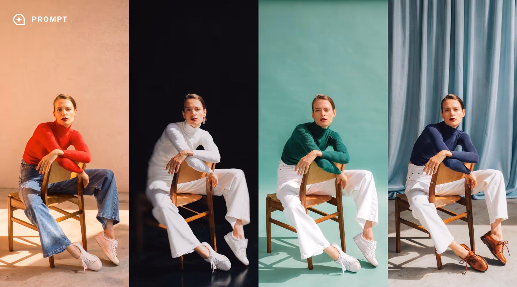 Four portraits of a woman sitting on a wooden chair with crossed arms, wearing different combinations of colored turtleneck sweaters and white or denim pants against varied backgrounds changed using VSCO's AI photo editor.