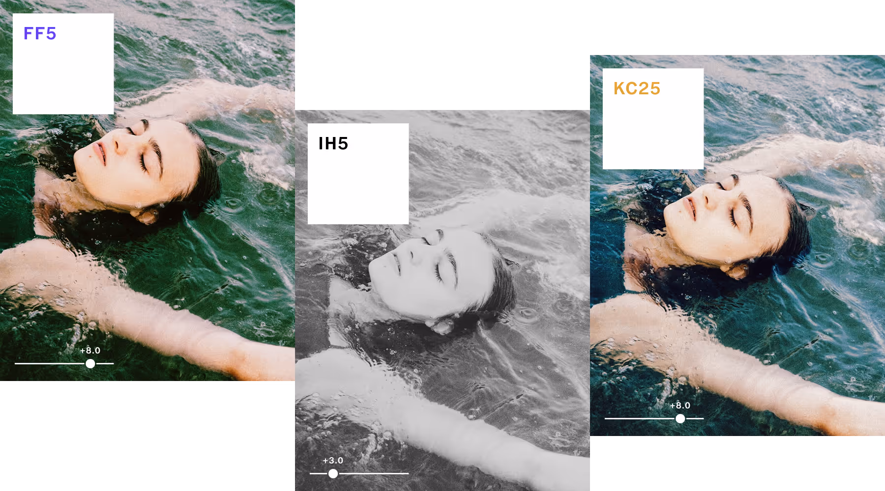 Side-by-side photos of a woman floating peacefully in water, showing three different color video filter effects labeled FF5, IH5, and KC25 with adjustment sliders.