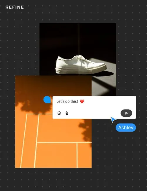 Photoshoot mood board of white sneaker and orange tennis court, with comment bubble saying 'Let's do this! ❤️' with an active cursor for 'Ashley' hovering above.