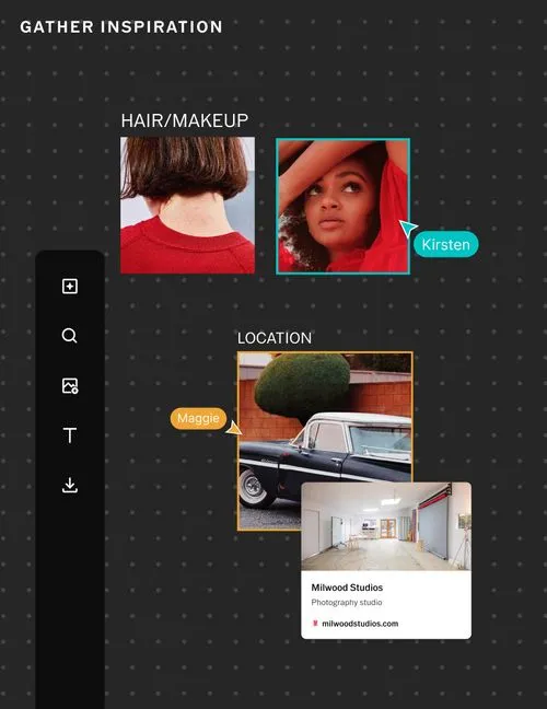 VSCO Canvas interface showing a creative inspiration board with hair/makeup photos and a location photo labeled with names Kirsten and Maggie, plus a card for Milwood Studios photography studio.