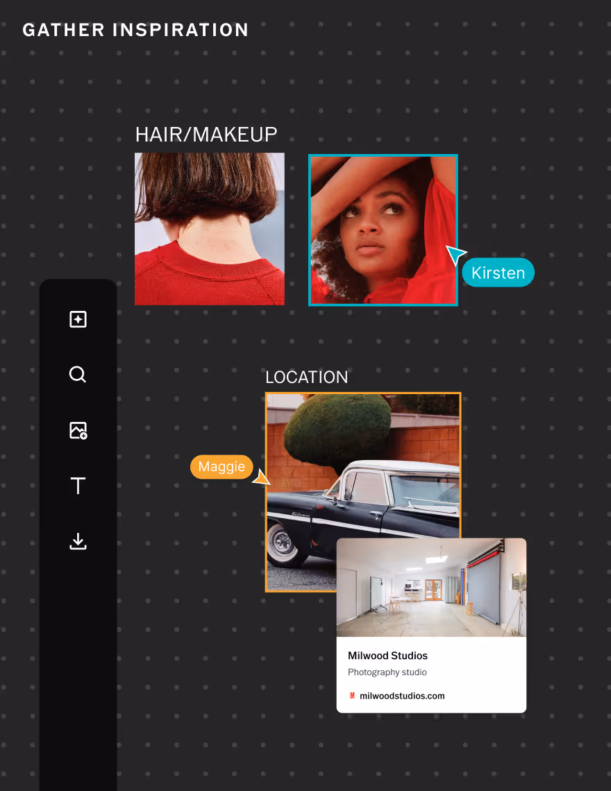 VSCO Canvas interface showing a creative inspiration board with hair/makeup photos and a location photo labeled with names Kirsten and Maggie, plus a card for Milwood Studios photography studio.