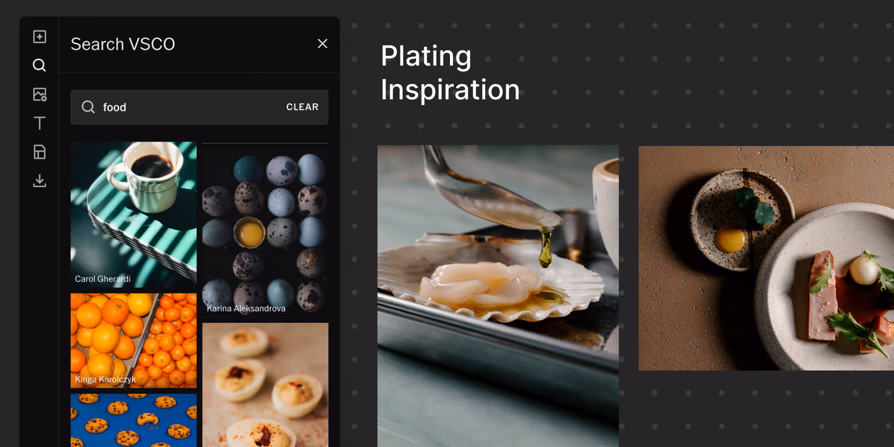 VSCO Canvas interface showing VSCO Search for food images on the left and plated food dishes on the right under text 'Plating Inspiration'.