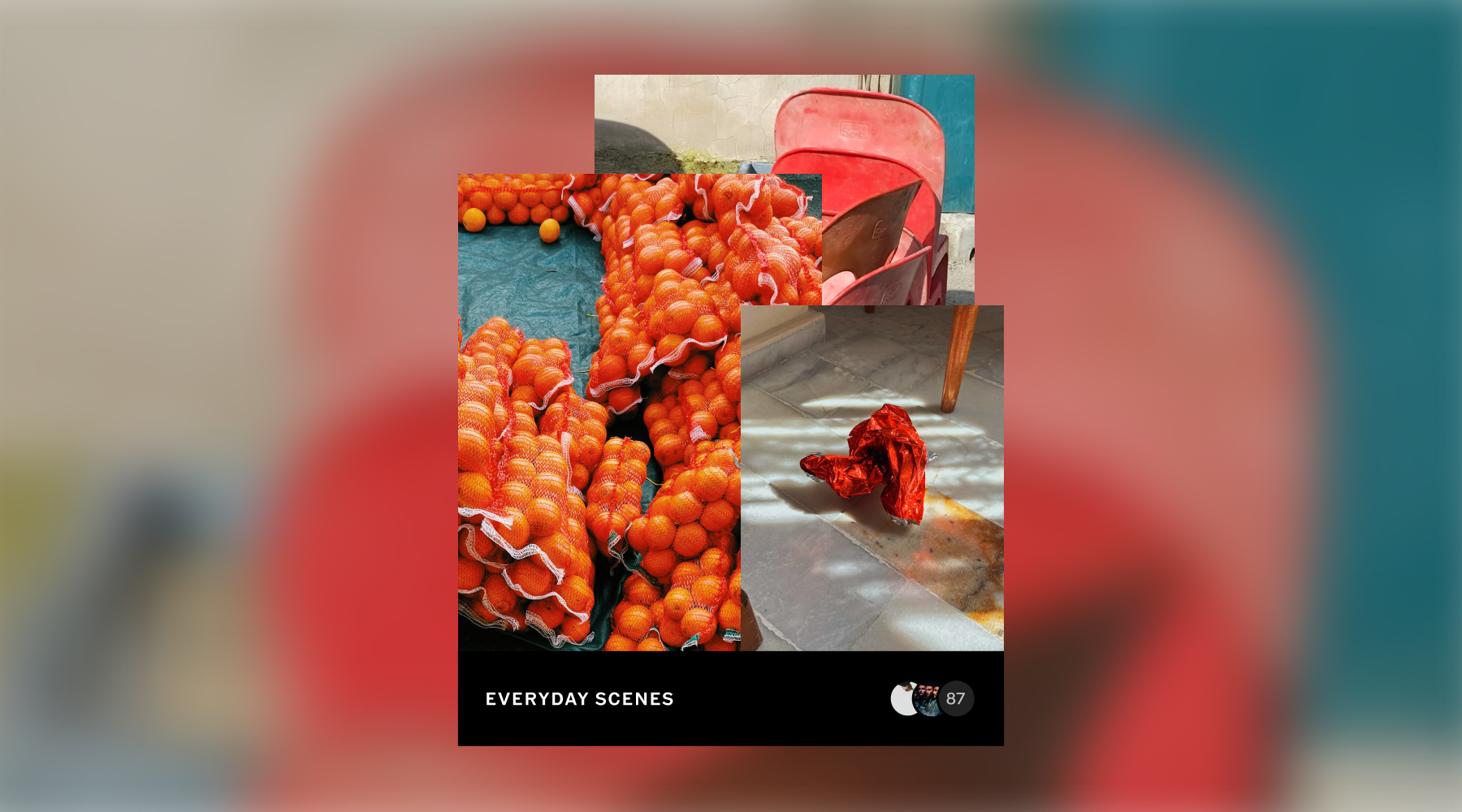 Composite of photography community on VSCO for 'Everyday Scenes' including stacked red plastic chairs, bags of oranges on blue tarp, and crumpled red paper casting shadows on tiled floor.