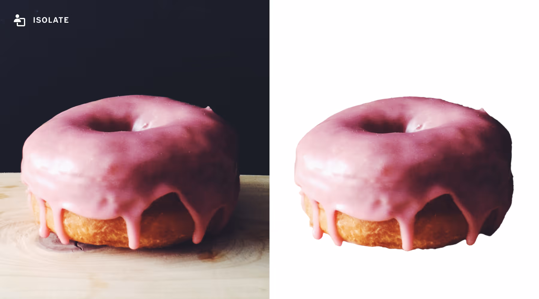 Side-by-side images of a pink-glazed donut, one on a dark background and the other isolated on a white background using AI Isolate.