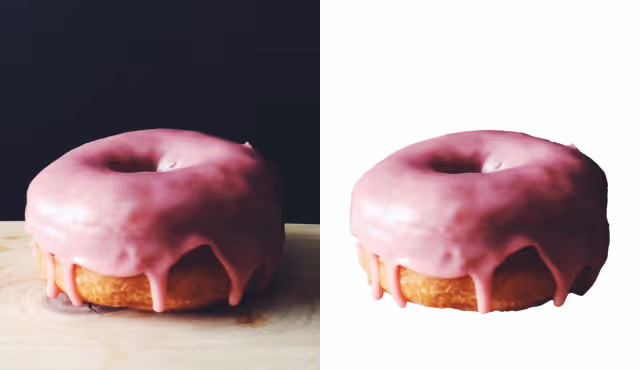 Side-by-side images of a pink-glazed donut, one on a dark background and the other isolated on a white background using VSCO's AI photo editor.