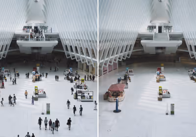 Side-by-side images of a modern, white, spacious transportation hub interior showing a crowd of people walking on the left and almost empty space with few people on the right because the crowd was removed with AI Simplify