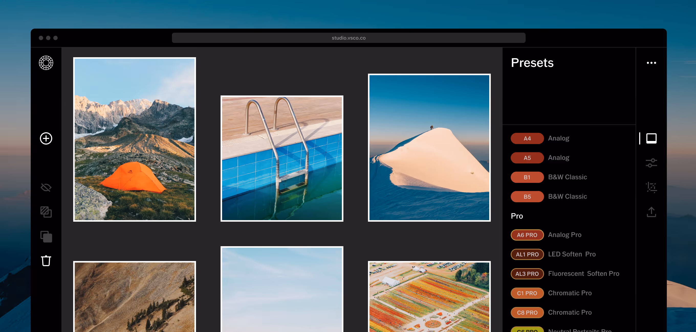 Online photo editing interface on studio.vsco.co desktop web editor showing six landscape photos and a presets panel with analog and pro filter options.