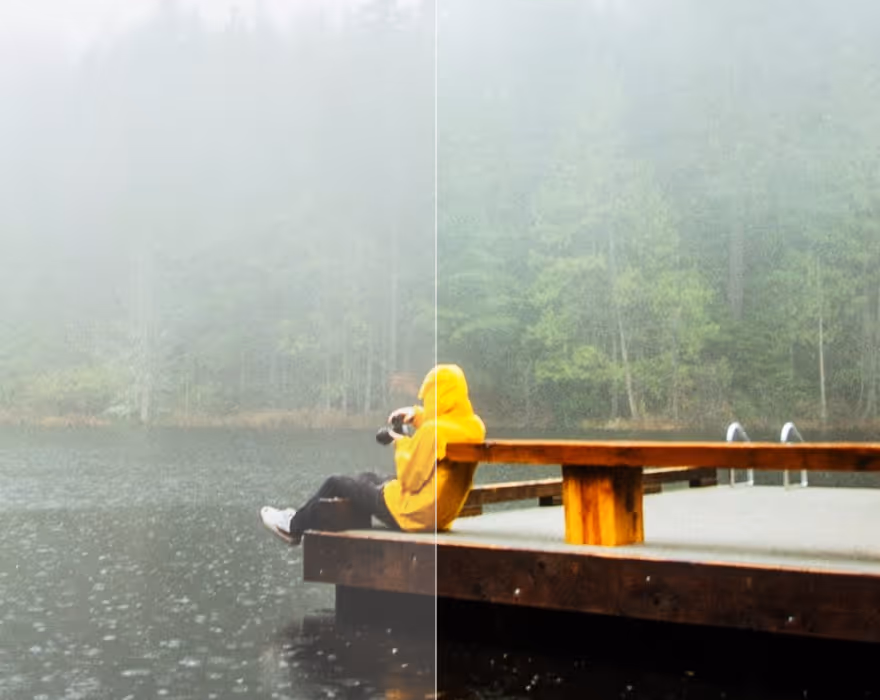 Image contrast editor before and after of a person in yellow raincoat sitting on a dock by a lake on a rainy foggy day.