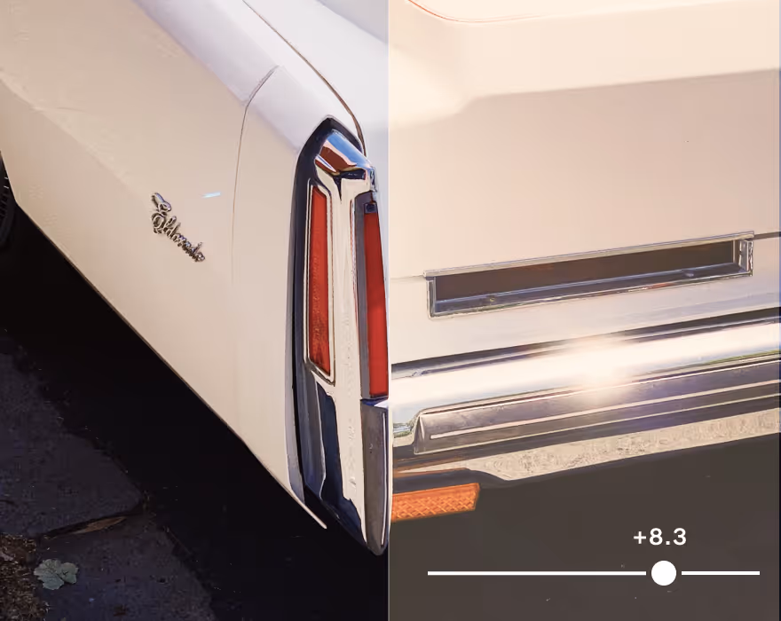 White vintage car tail light close-up with half image showing increased white balance adjustment.