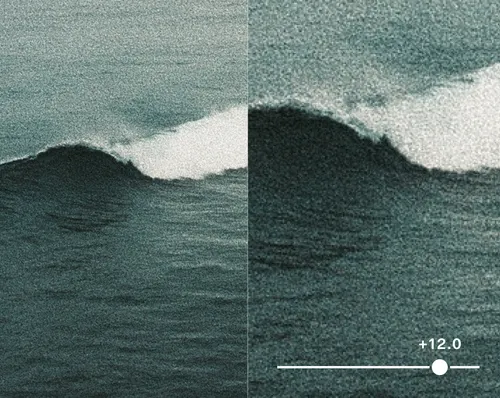 Split image of ocean wave showing difference in film grain texture with slider at +12.0 setting.
