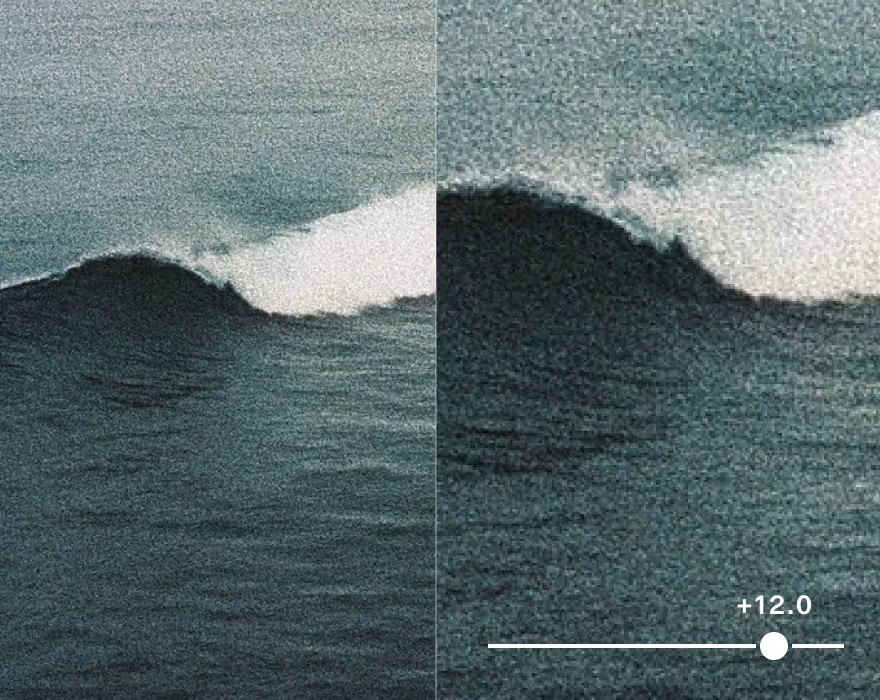 Split image of ocean wave showing difference in film grain texture with slider at +12.0 setting.