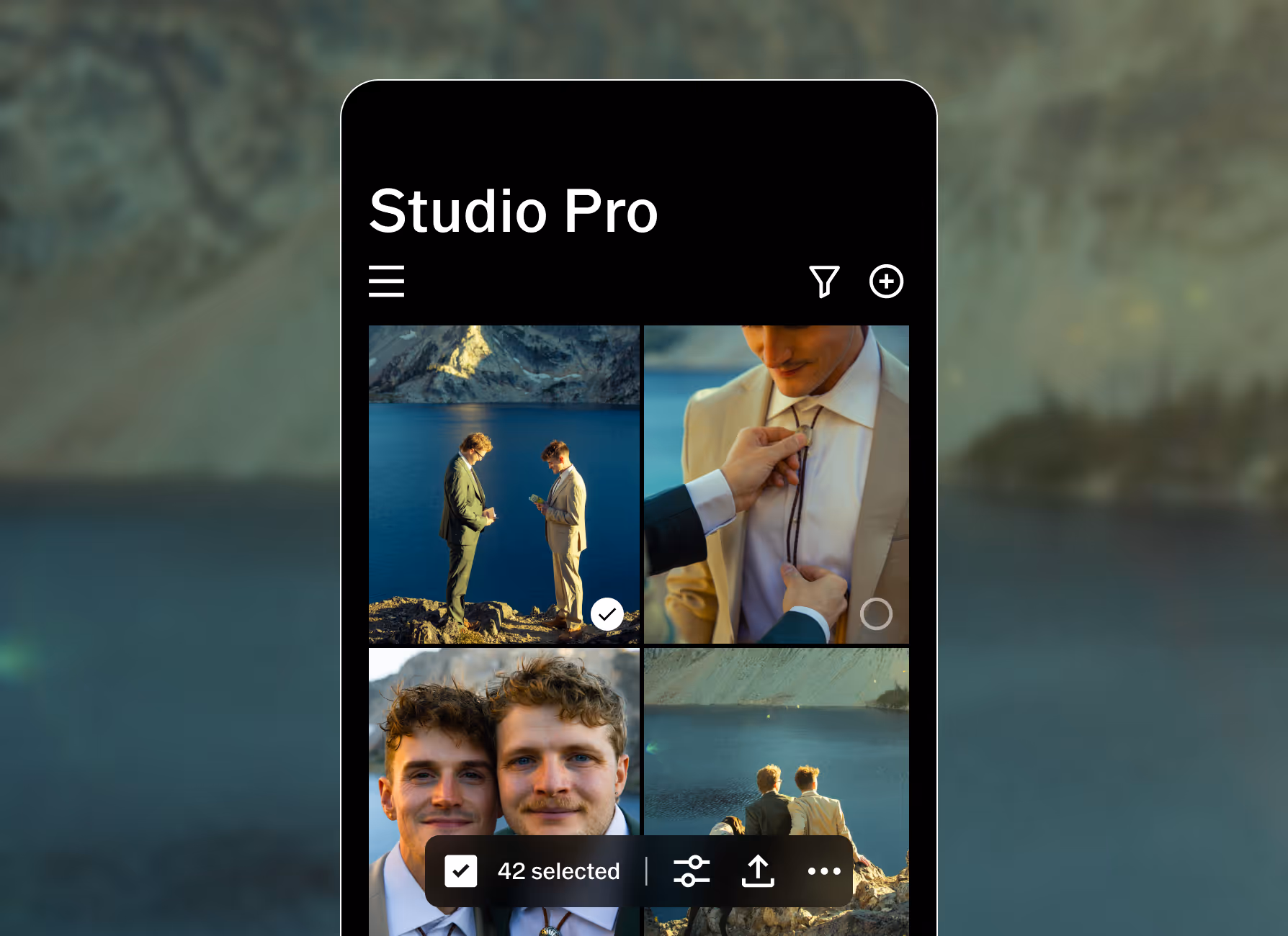Mobile Studio Pro app screen showing batch edited wedding photos with two men at a lake, one adjusting the other's tie.