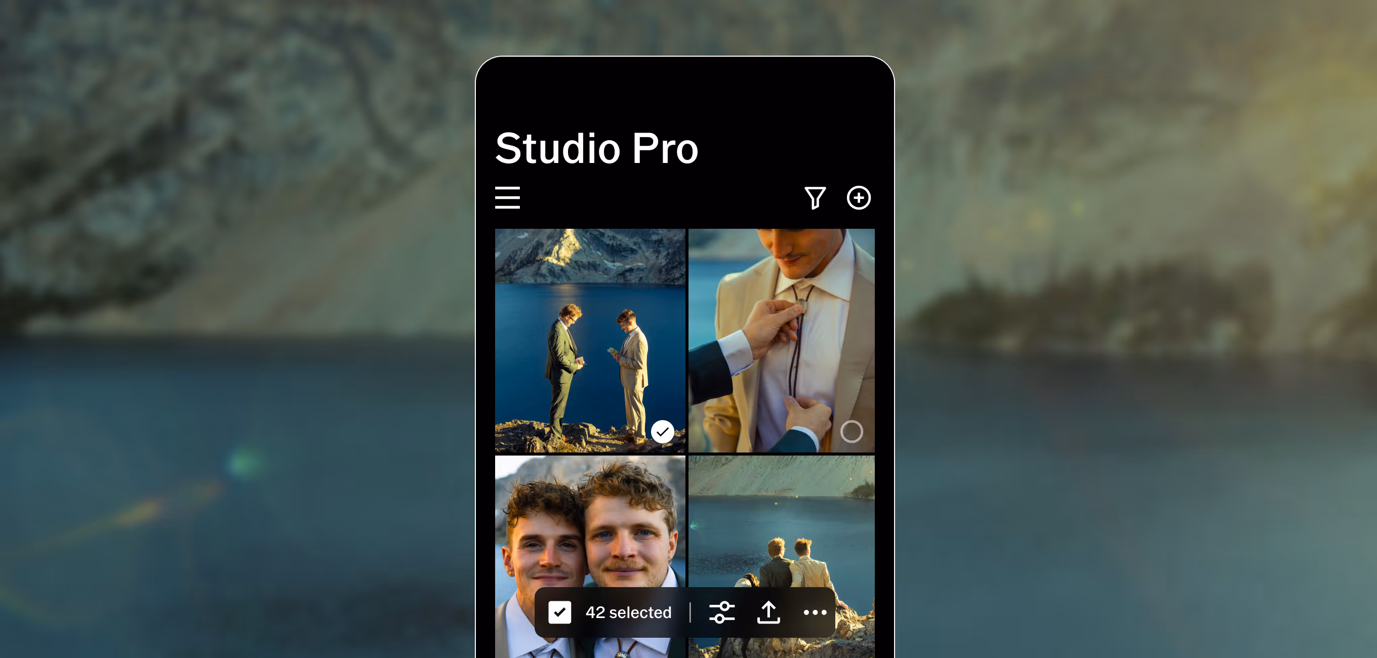 Mobile Studio Pro app screen showing batch edited wedding photos with two men at a lake, one adjusting the other's tie.