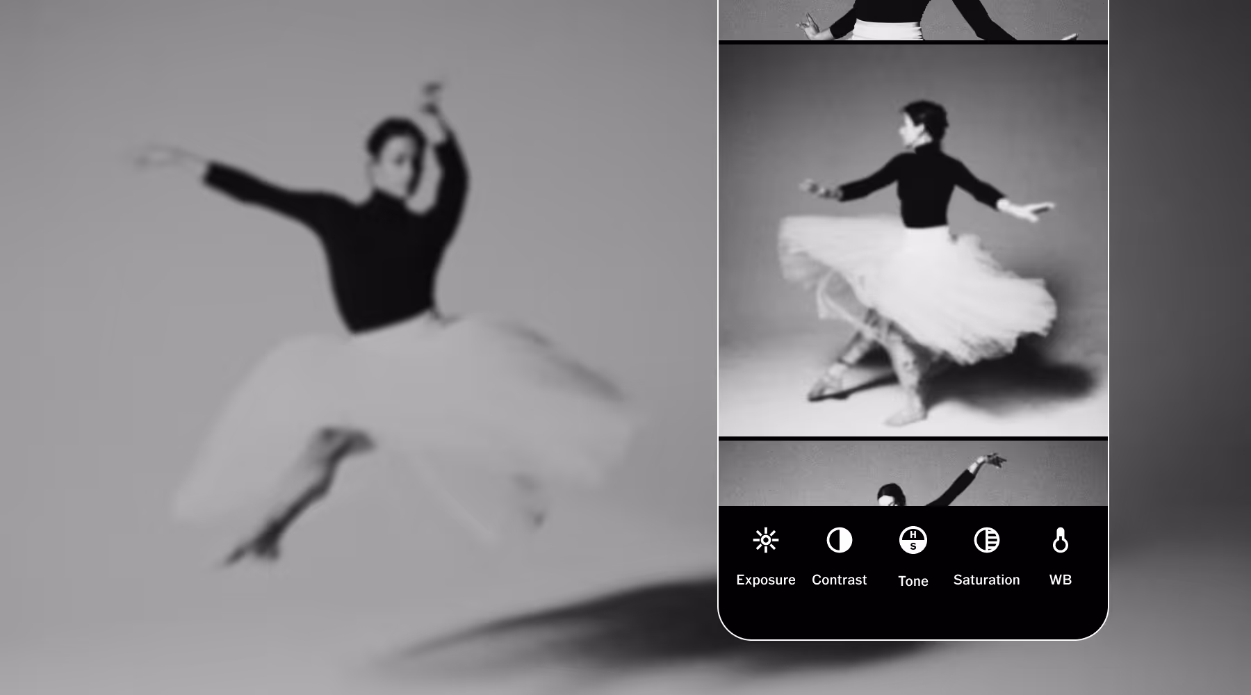 Black and white photo of a ballerina jumping with Studio Pro photo editing tools menu UI displayed on the right.