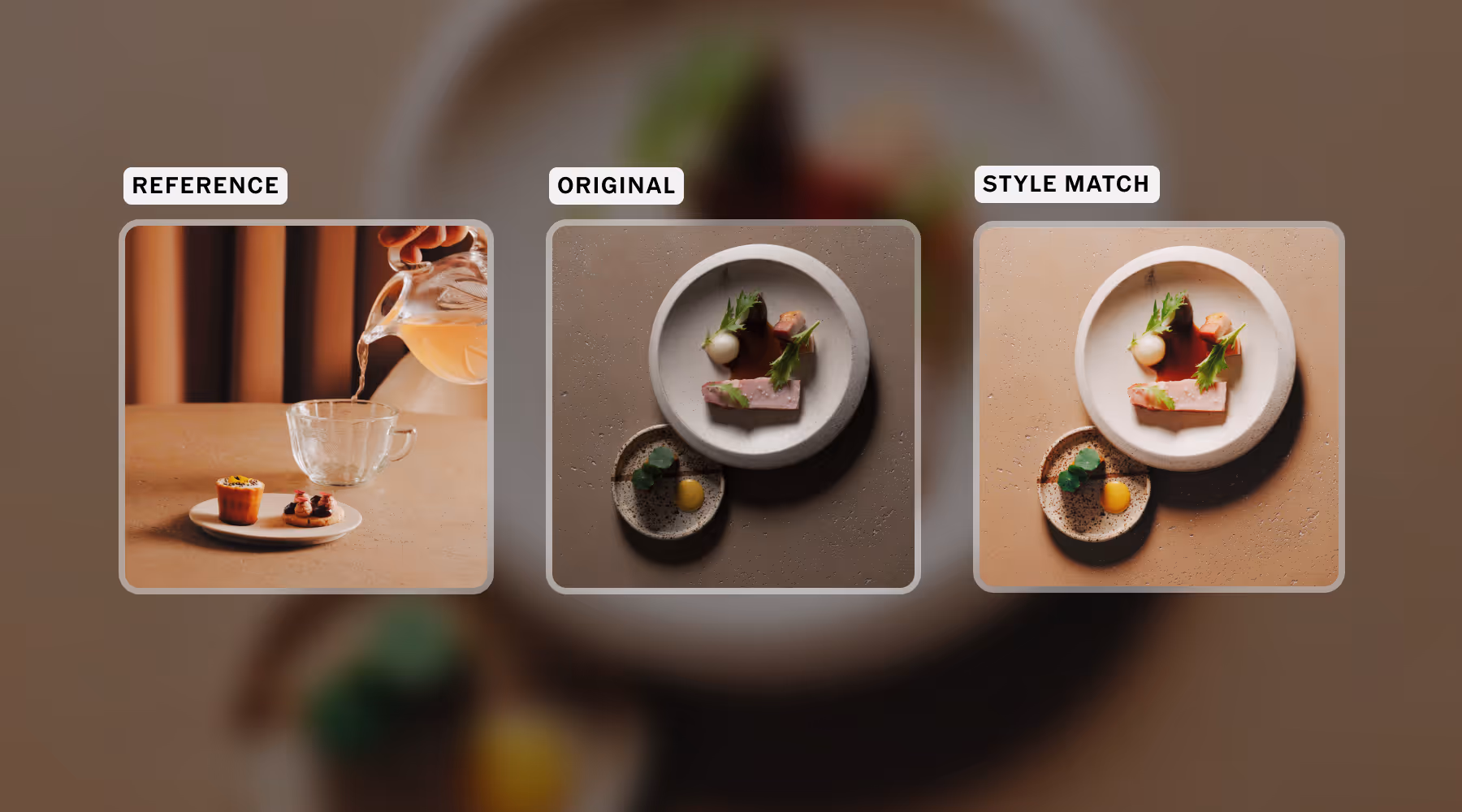 Three images labeled Reference, Original, Style Match showing food plates of food edited with Studio Pro Style Match tool.