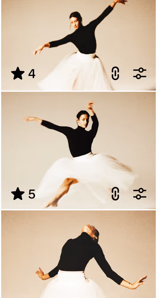 Three batch edited images stacked vertically of a woman in a black top and white skirt dancing gracefully in motion.