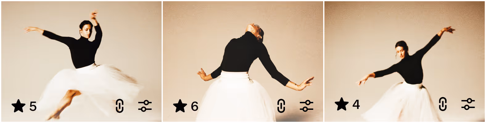 Three horizontal images batch edited in Studio Pro of a dancer in a black top and white skirt striking expressive poses against a neutral background.