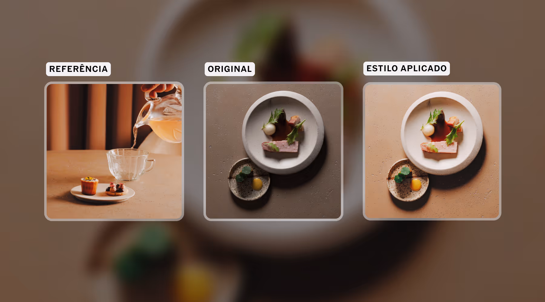 Três imagens rotuladas Reference, Original, Style Match mostrando pratos de comida editados com a ferramenta Studio Pro Style Match.