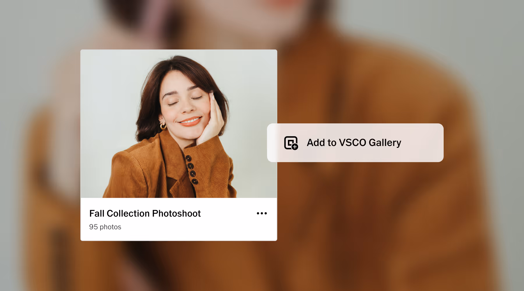 VSCO Gallery created for client delivery from Studio Pro edited photos with cover of a woman in brown jacket smiling gently with eyes closed for Fall Collection Photoshoot.