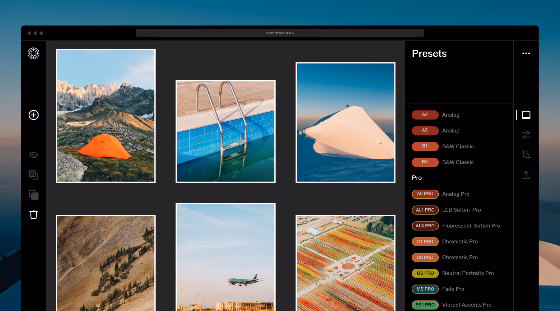 VSCO Web Studio photo editing interface in a browser displaying six diverse photos and a presets menu on the right side.