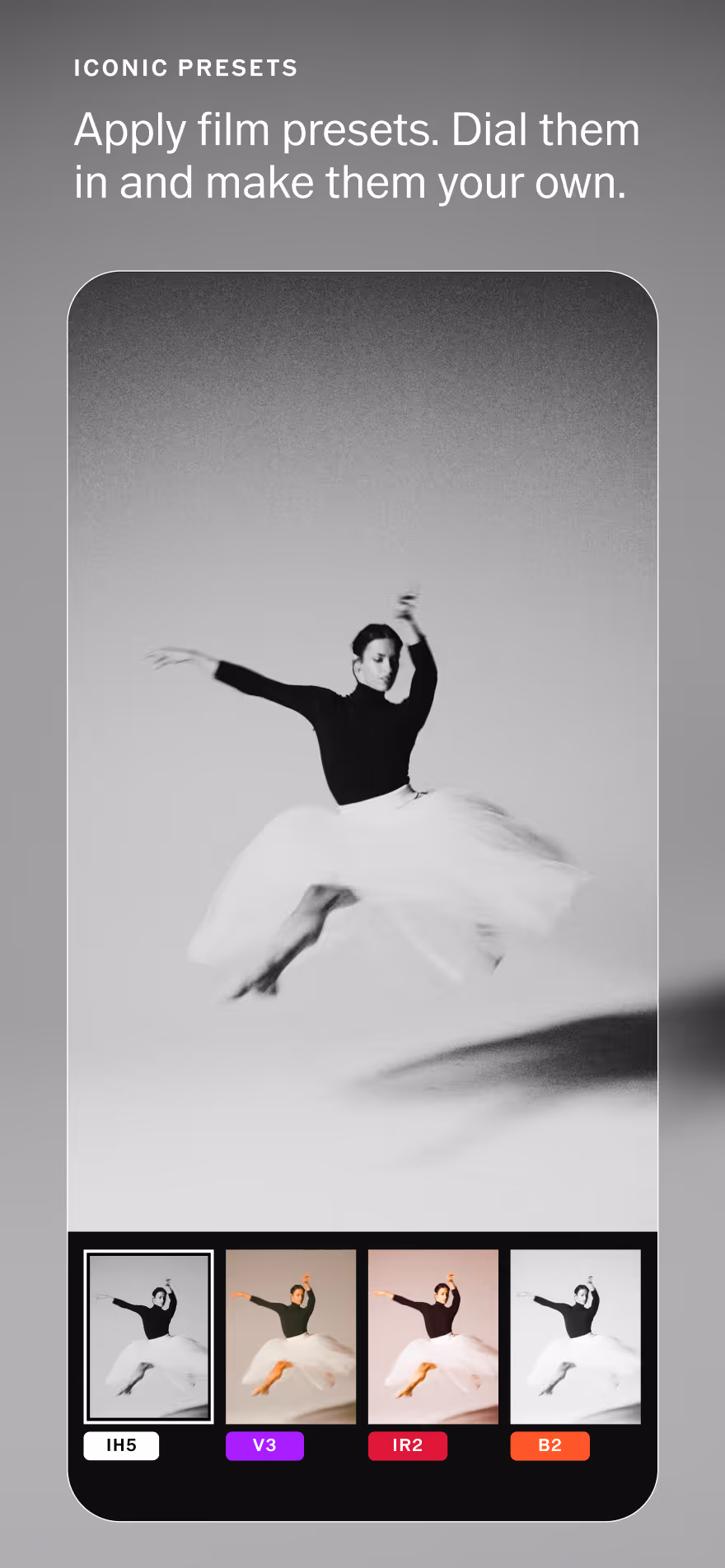 Mobile screen of VSCO Studio Pro showing film presets with a ballerina jumping in different color filters.