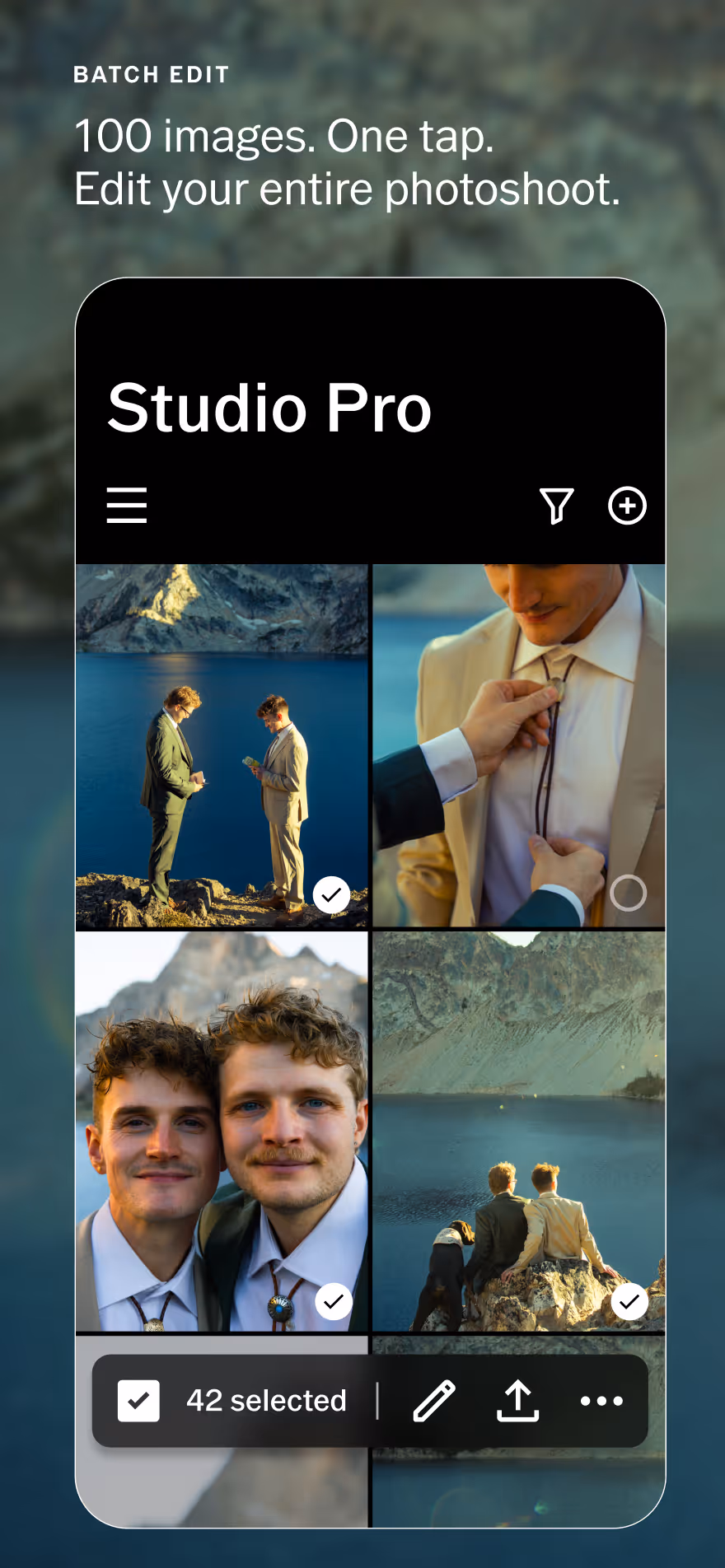 Mobile screen showing Studio Pro app editing batch of 100 photos with 42 selected images of wedding photos.