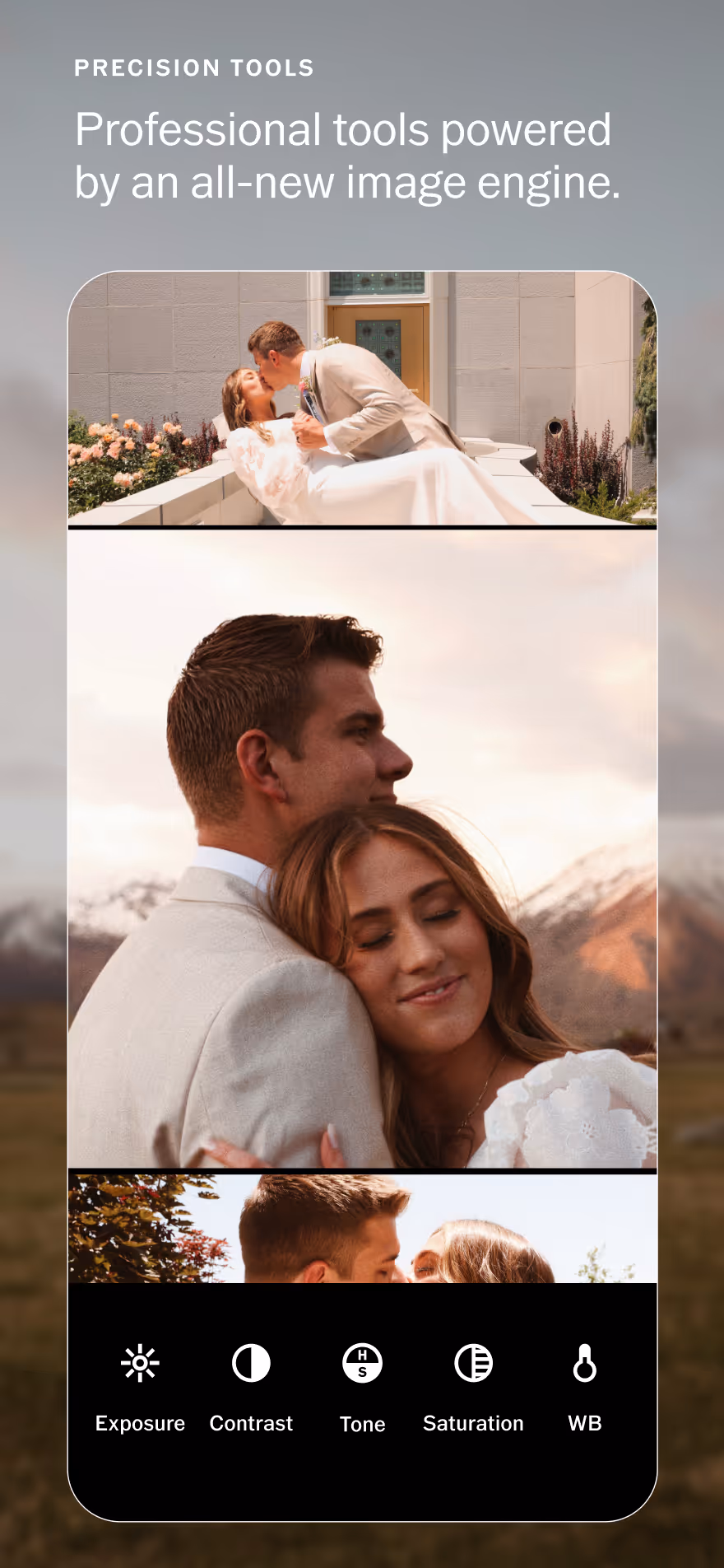 Mobile screen showing batch photo editing with a couple and icons for exposure, contrast, tone, saturation, and white balance.