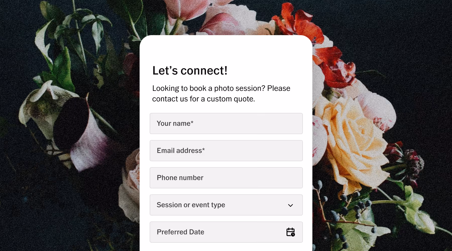 Photo session booking form on a VSCO Site over a floral background with fields for name, email, phone, event type, and date.