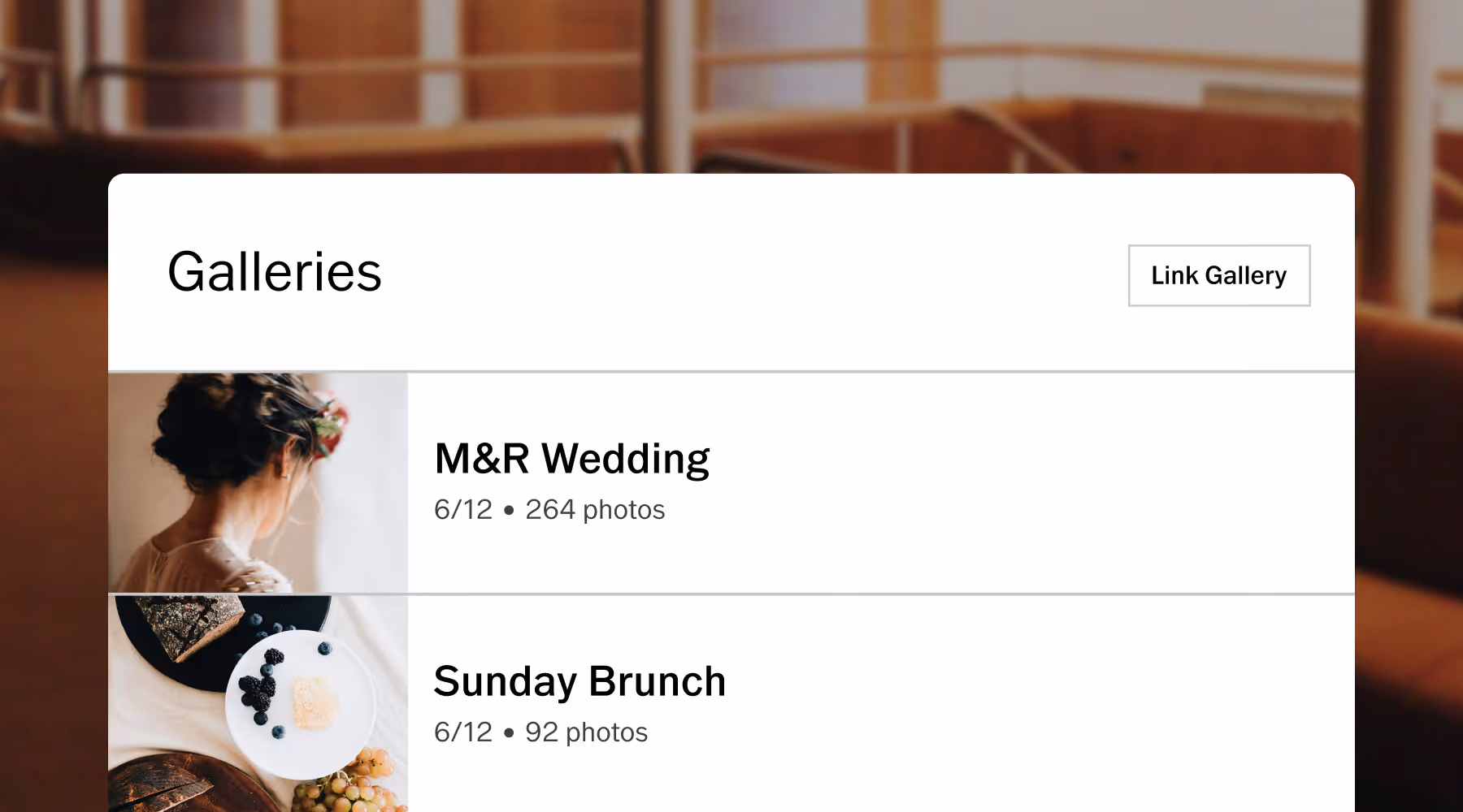 Linked photo gallery and CRM interface showing 'M&R Wedding' with 264 photos and 'Sunday Brunch' with 92 photos with option to 'Link Gallery' to a CRM job.