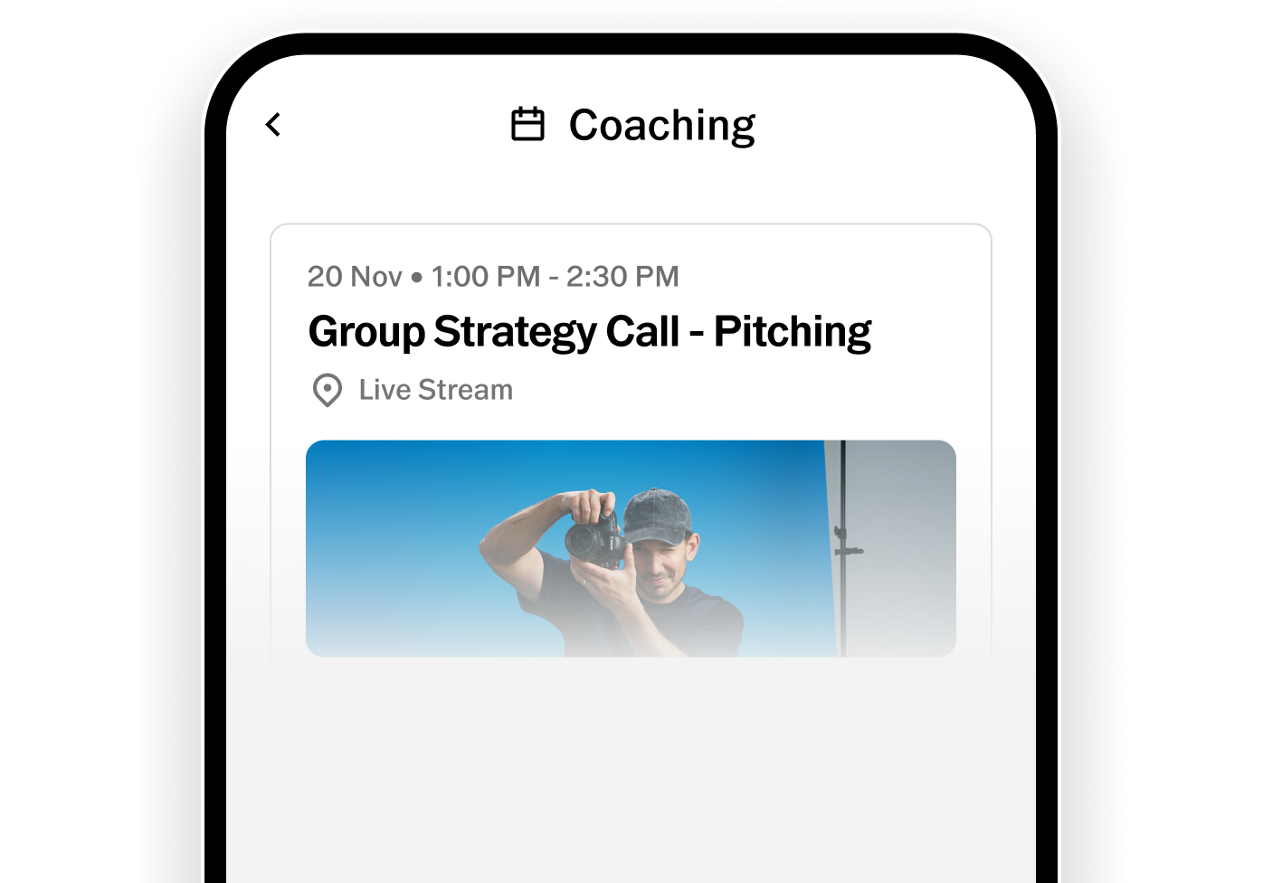 Mobile screen showing a TFP coaching event: Group Strategy Call - Pitching on Nov 20, 1:00 PM to 2:30 PM live stream.