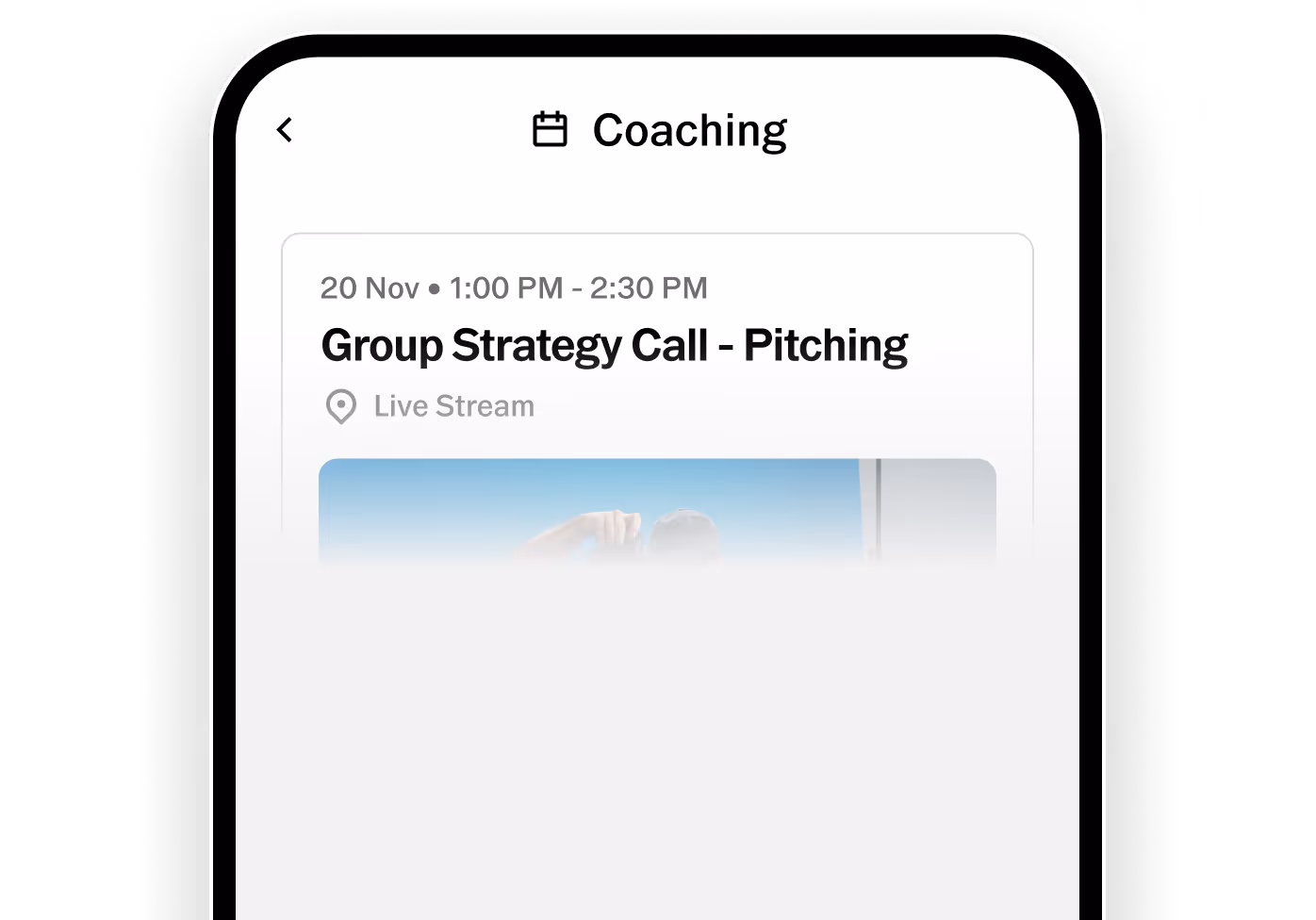Mobile screen showing a TFP coaching event: Group Strategy Call - Pitching on Nov 20, 1:00 PM to 2:30 PM live stream.