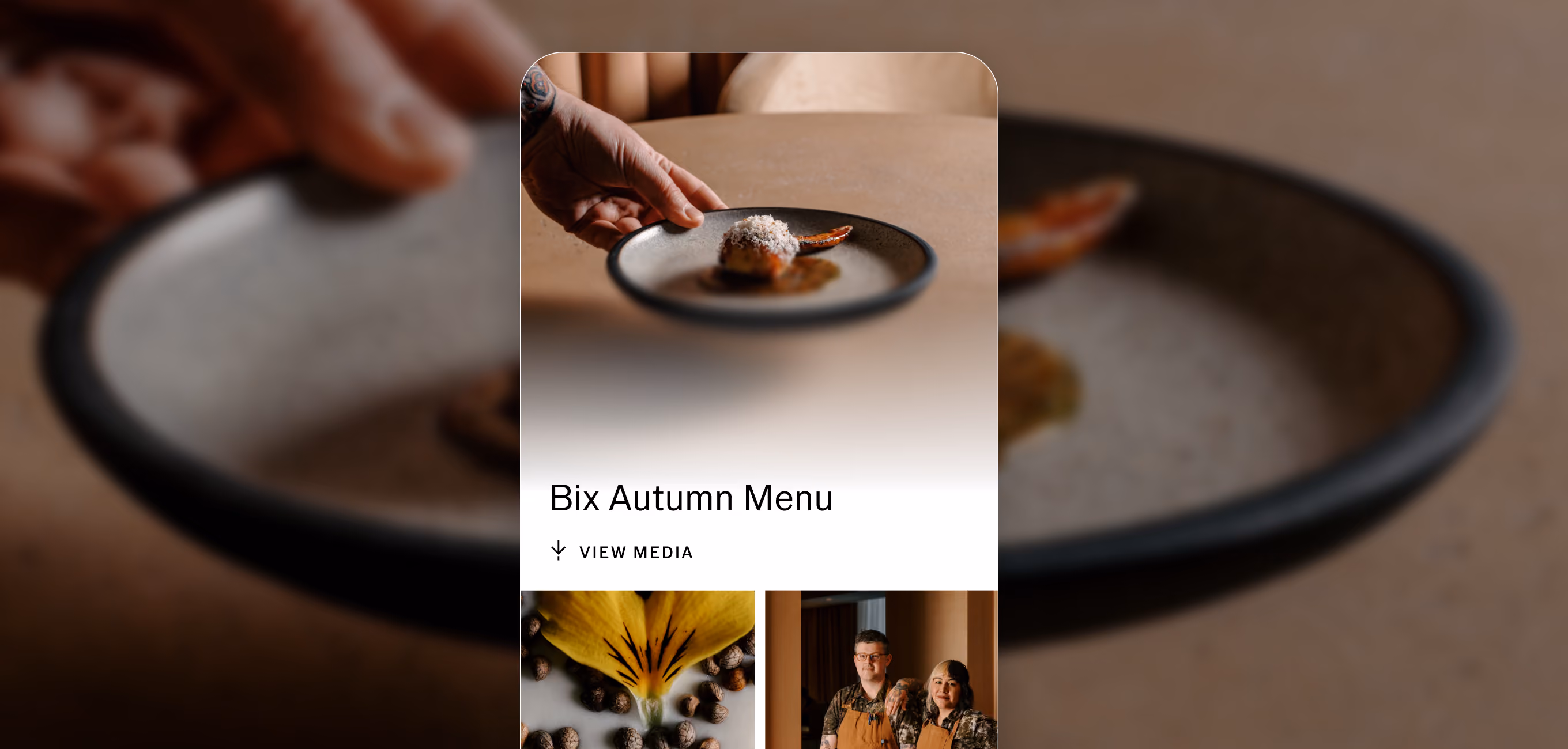 VSCO Gallery showing hand placing a gourmet dish on a plate with text 'Bix Autumn Menu' and two people in aprons below.