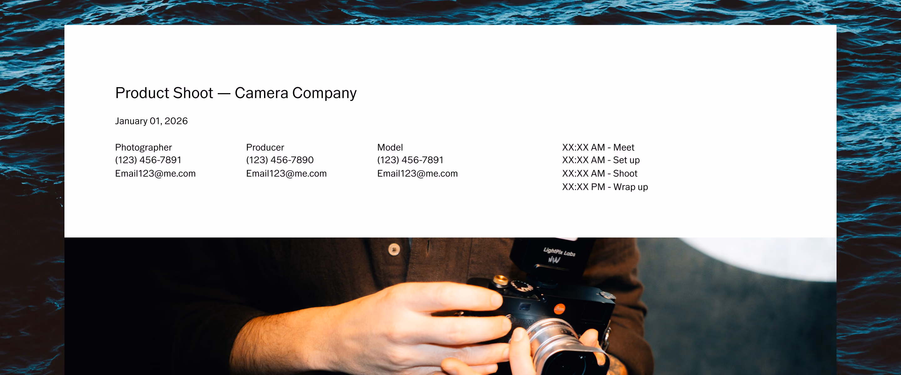 Photo shoot planning template showing schedule with contacts and timeline over background of person holding a camera.