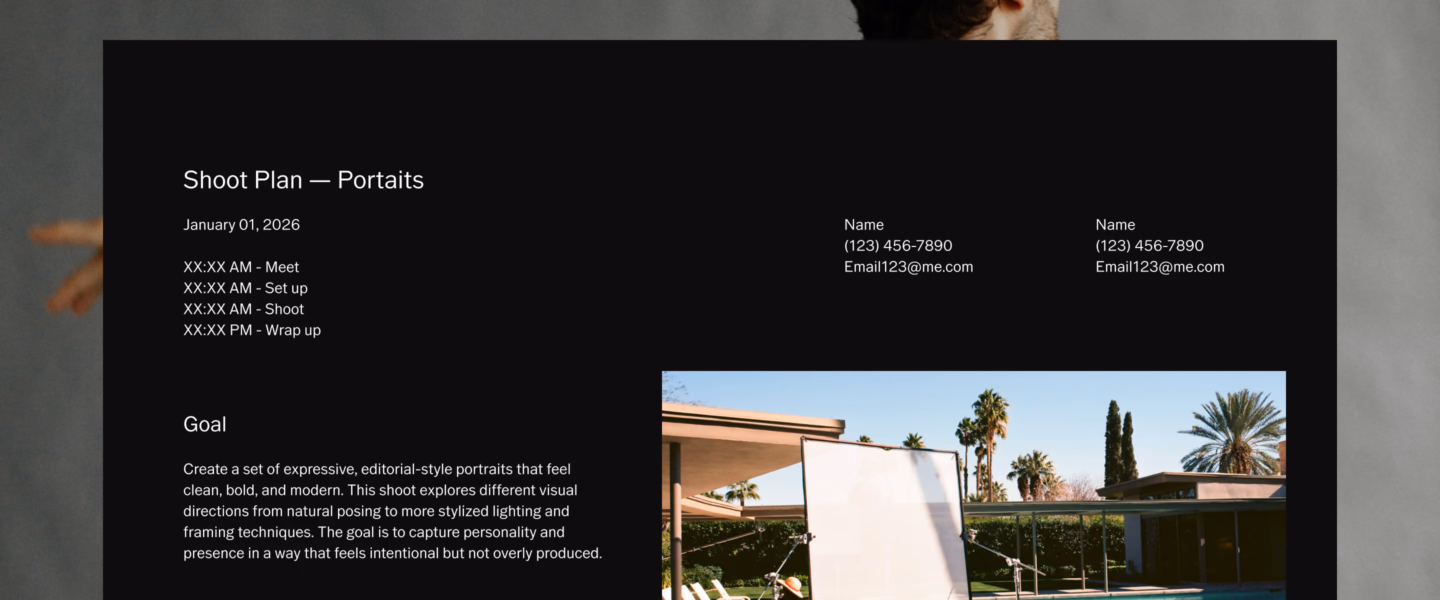 Photoshoot plan for portraits outlining schedule, goal for expressive editorial-style photos, and contact info.