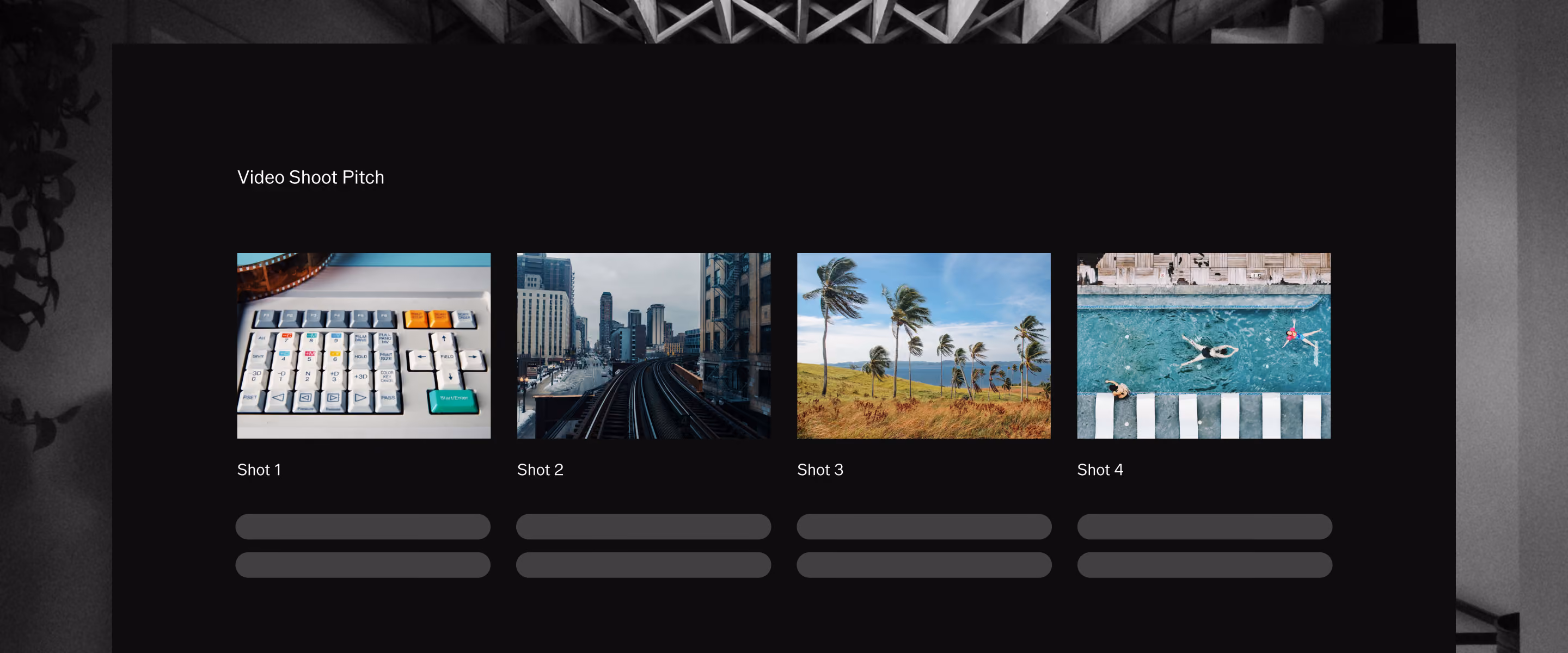 Video shoot pitch template with four shots: keyboard, city train tracks, palm trees, and swimmers in pool.